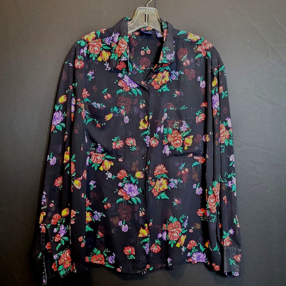 GAP Sheer Blouse Black Floral Long Sleeves Button Up Polyester Size Small